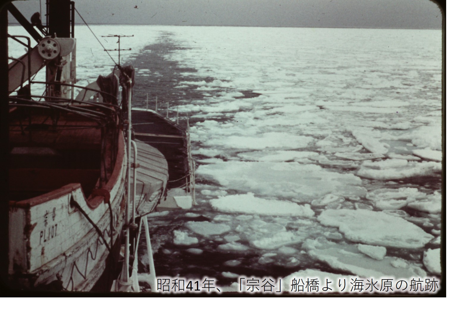 昭和41年、「宗谷」船橋より海氷原の航跡