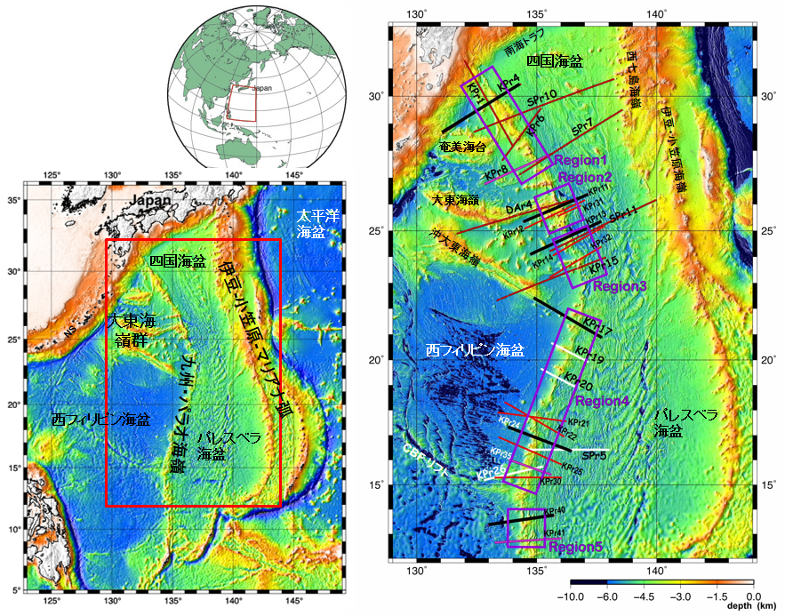 九州・パラオ海嶺における地震波速度構造探査測線の位置